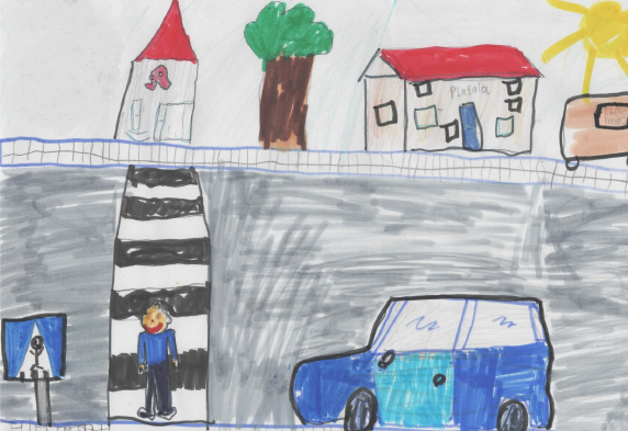 Kinderzeichnung mit Zebrastreifen und Kind, das eine Straße überquert