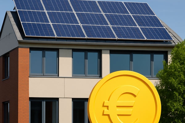 Haus mit PV Anlage im Hintergrund, Symbolische goldene Euro-Münze im Vordergrund 