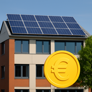 Haus mit PV Anlage im Hintergrund, Symbolische goldene Euro-Münze im Vordergrund 